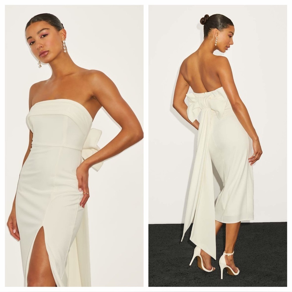 Lulus Fabulous Phenomenon White Strapless Bow Midi Dress